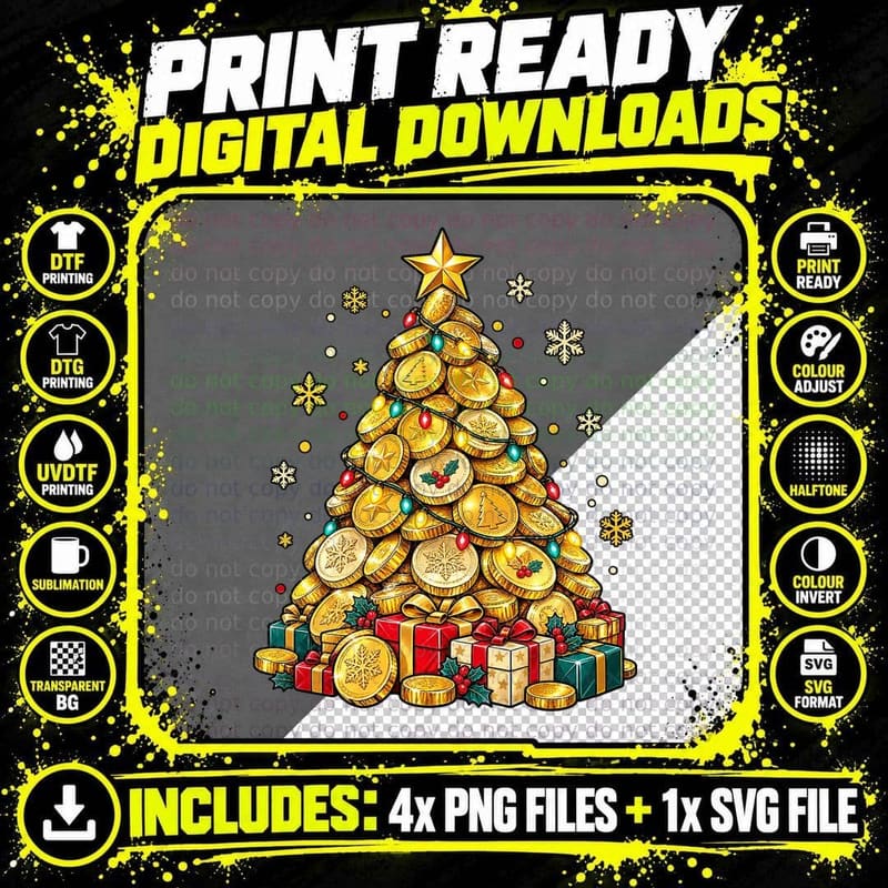 Golden Chocolate Coin Christmas Tree Festive Sweets Png SVG Digital Bundle