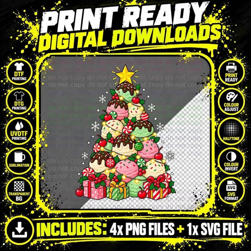Ice Cream Christmas Tree Sprinkles Cute Dessert Lover Png SVG Digital Bundle