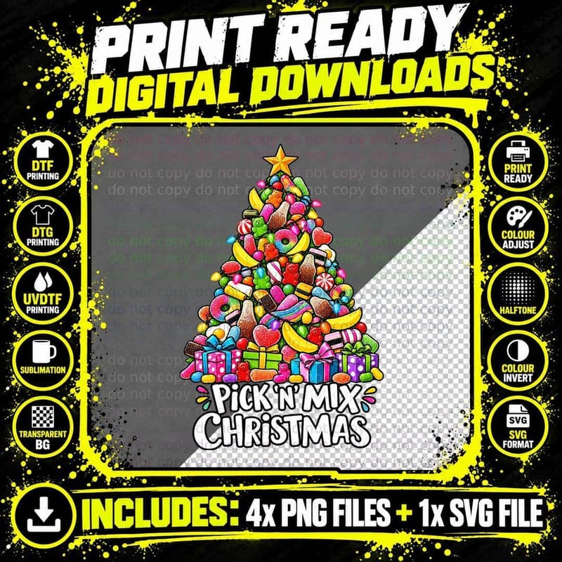 Pick N Mix Sweets Christmas Tree Retro Candy Lover Funny Png SVG Digital Bundle