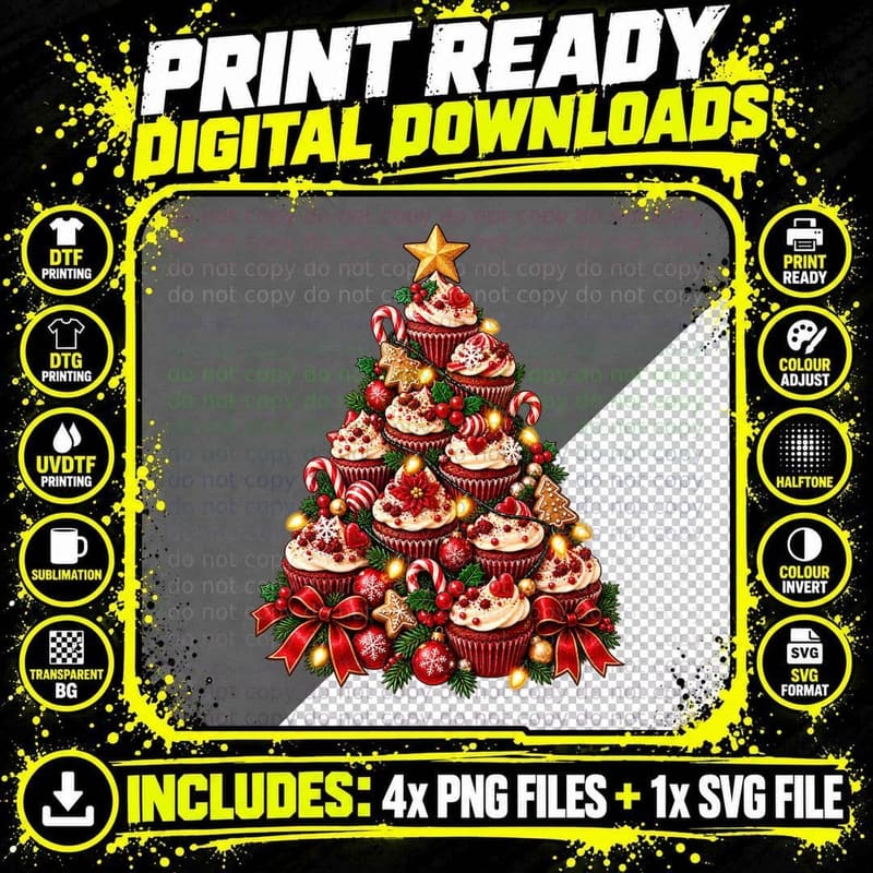 Red Velvet Cupcake Christmas Tree Winter Baker Dessert Png SVG Digital Bundle