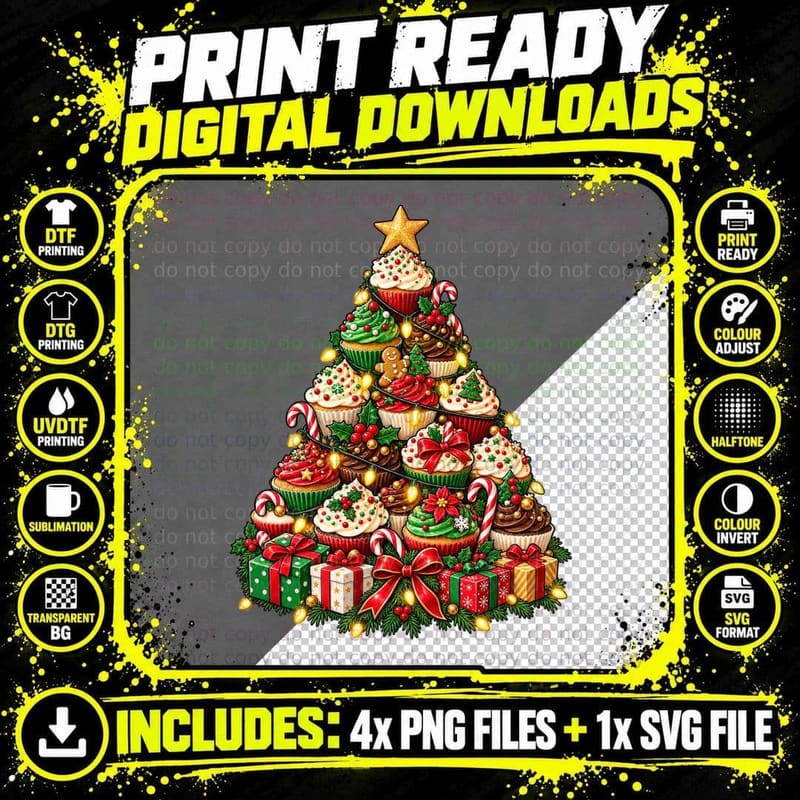 Sprinkle Swirled Cupcake Christmas Tree Baker Dessert Png SVG Digital Bundle