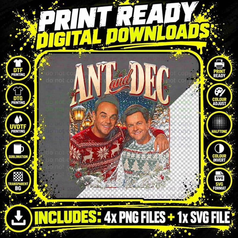 Ant and Dec Vintage Christmas British TV Duo Fan Retro Png SVG Digital Bundle