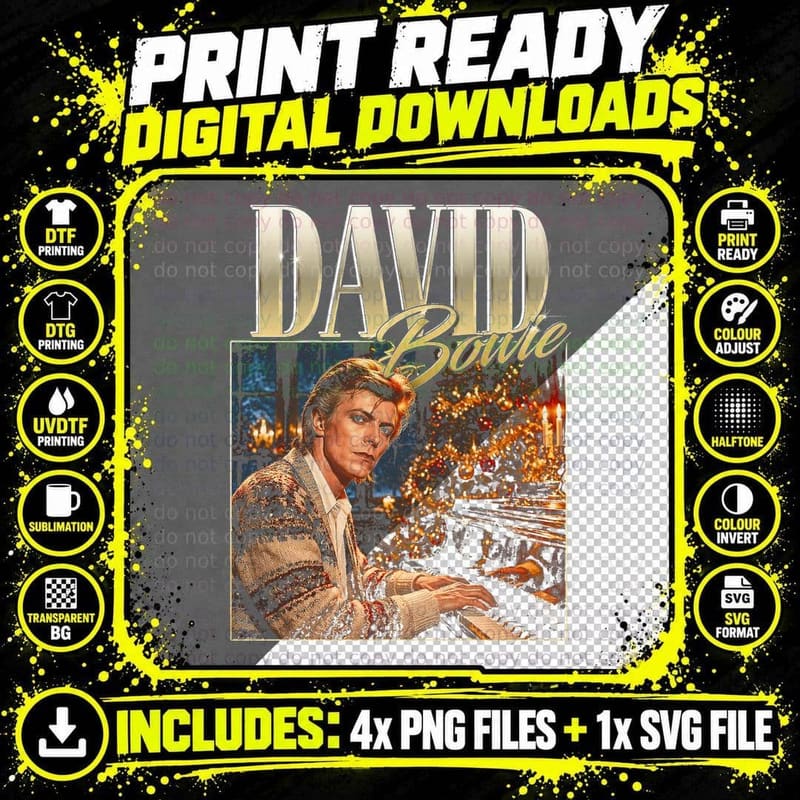 David Bowie Christmas Piano Retro Glam Rock Music Fan Png SVG Digital Bundle