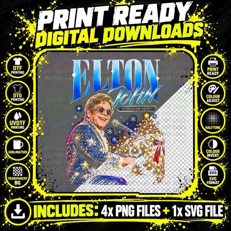 Elton John Vintage Christmas Piano Rock Music Retro Png SVG Digital Bundle