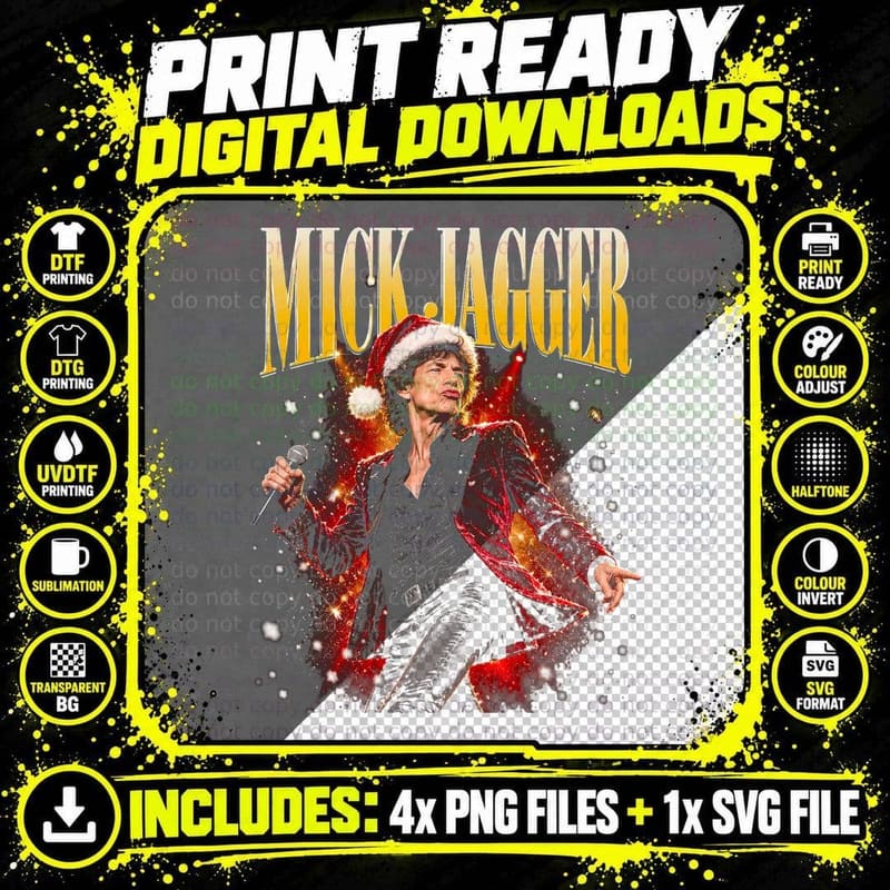 Mick Jagger Christmas Santa Hat Retro Rock Singer Fan Png SVG Digital Bundle