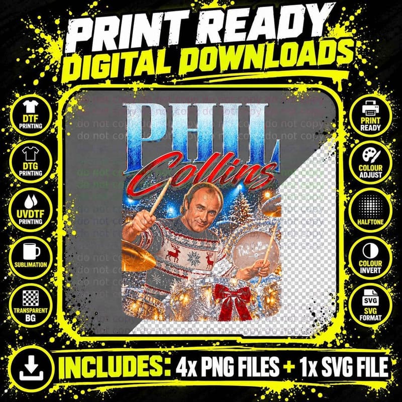 Phil Collins Vintage Christmas Drummer 1980s Retro Music Png SVG Digital Bundle