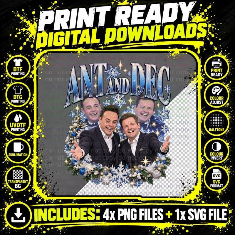Ant and Dec Christmas Snowflake Wreath Retro British TV Png SVG Digital Bundle