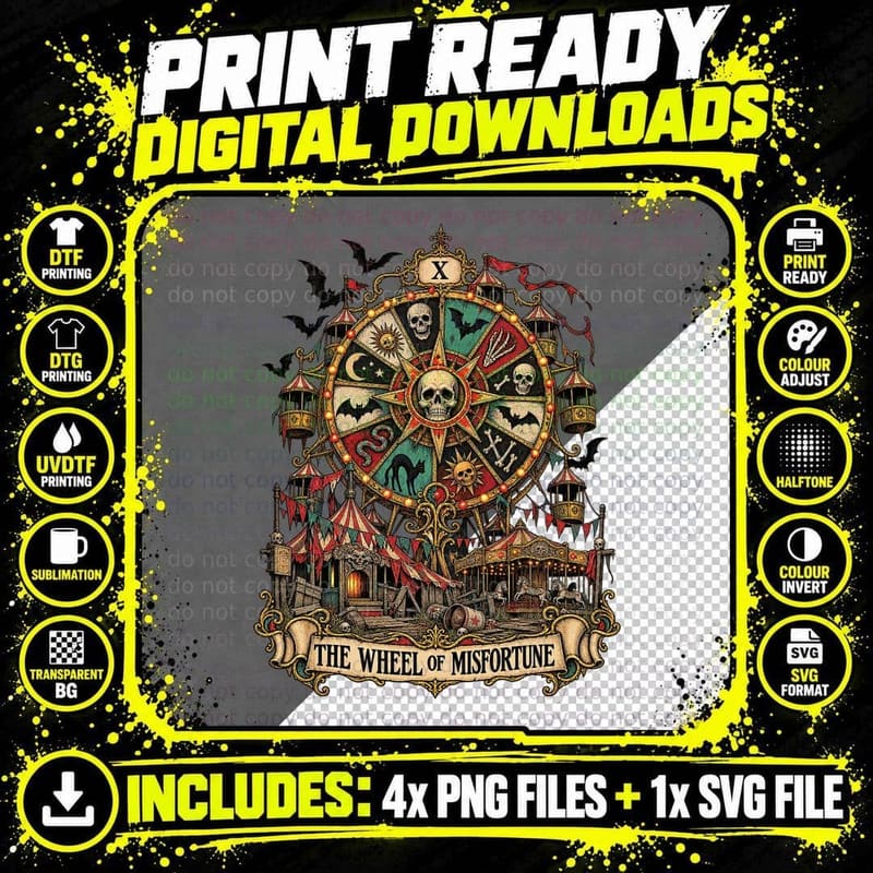 Wheel of Fortune Vintage Tarot Haunted Carnival Gothic Png SVG Digital Bundle