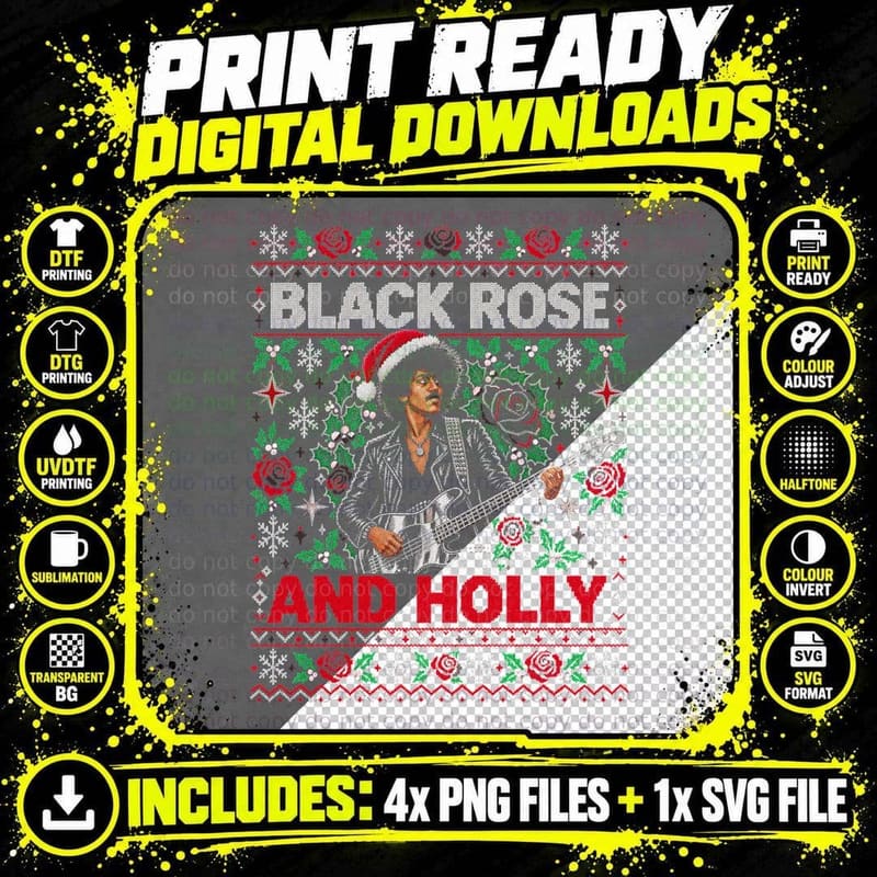 Thin Lizzy Christmas Ugly Sweater Black Rose And Holly Png SVG Digital Bundle