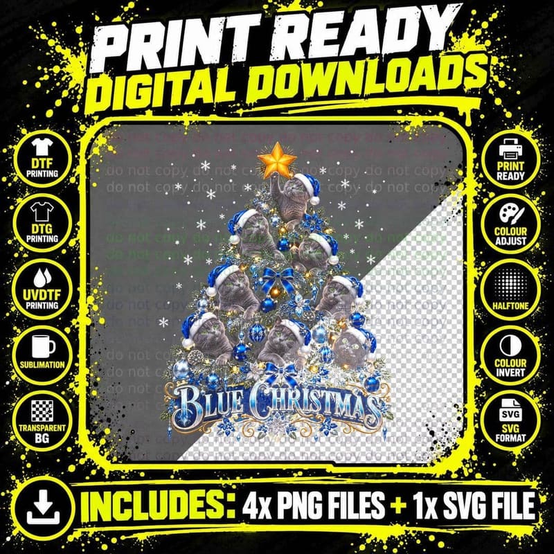 Blue Christmas British Shorthair Cat Christmas Tree Png SVG Digital Bundle