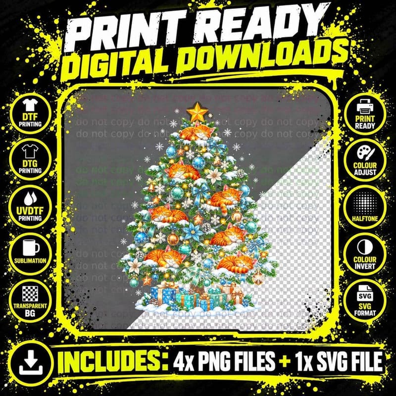 Dreaming of a Purrfect Christmas Ginger Cat Tree Cat Png SVG Digital Bundle