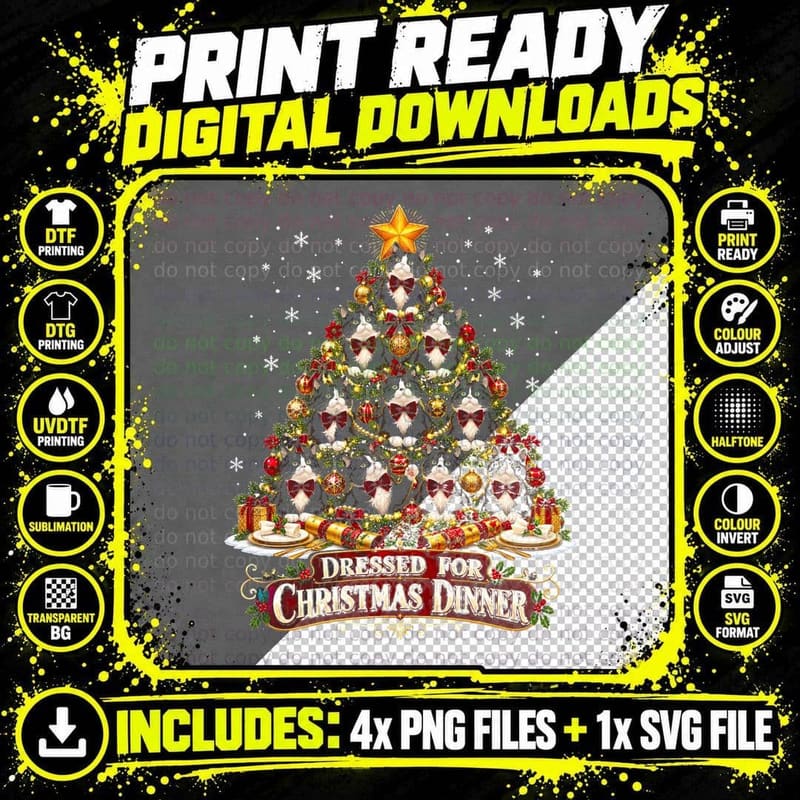 Dressed for Christmas Dinner Cat Christmas Tree Cat Png SVG Digital Bundle