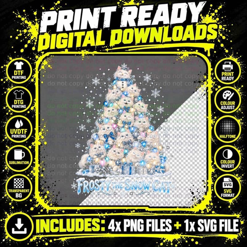 Frosty the Snow Cat White Persian Cat Christmas Tree Png SVG Digital Bundle