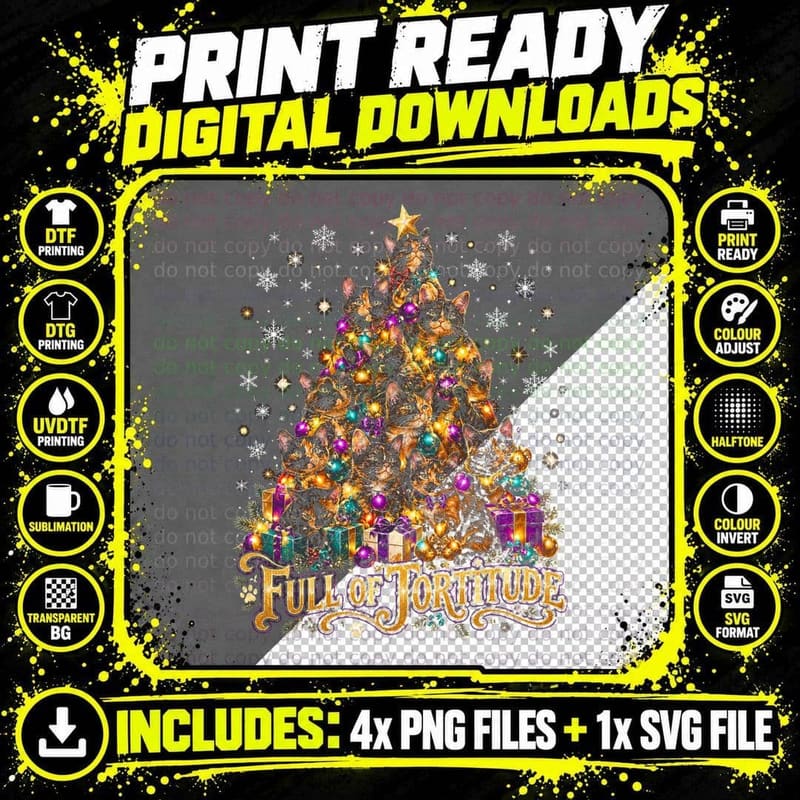 Full of Tortitude Tortoiseshell Cat Christmas Tree Cat Png SVG Digital Bundle
