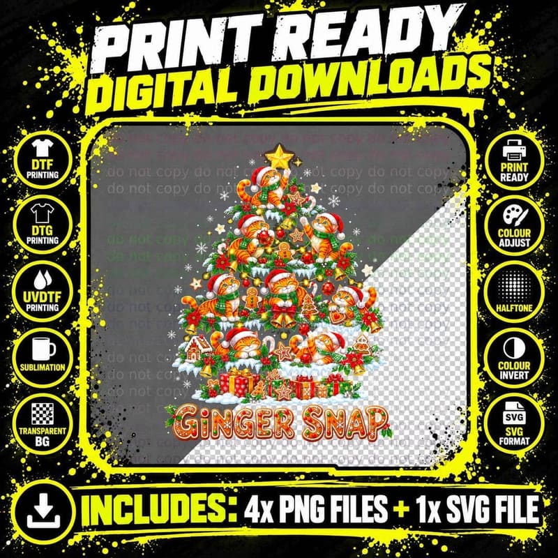 Ginger Snap Gingerbread Orange Cat Christmas Tree Cat Png SVG Digital Bundle