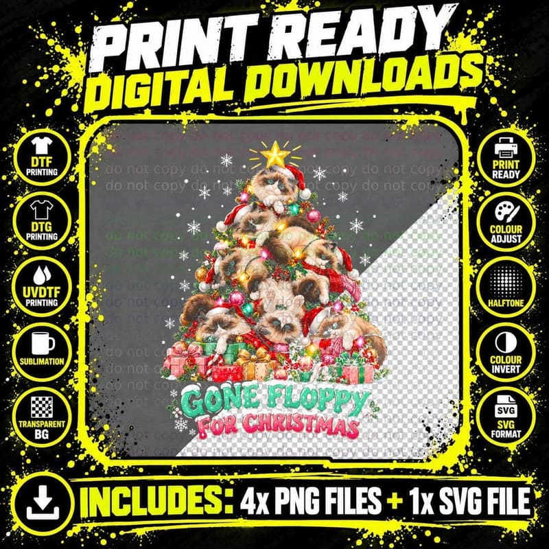 Gone Floppy for Christmas Ragdoll Cat Christmas Tree Cat Png SVG Digital Bundle