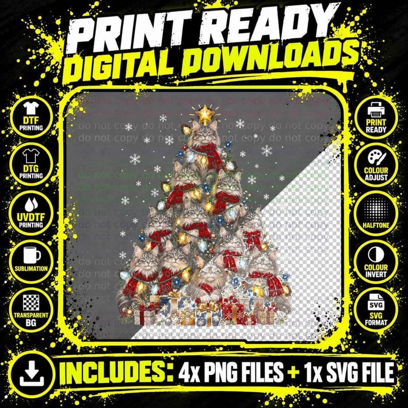 Majestic Maine Coon Christmas Tree Halftone T-Shirt Png SVG Digital Bundle