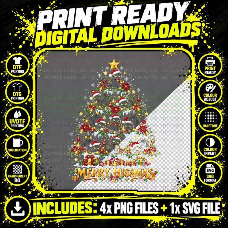 Merry Hissmas Grey Cat Christmas Tree Funny Cat Lover Png SVG Digital Bundle