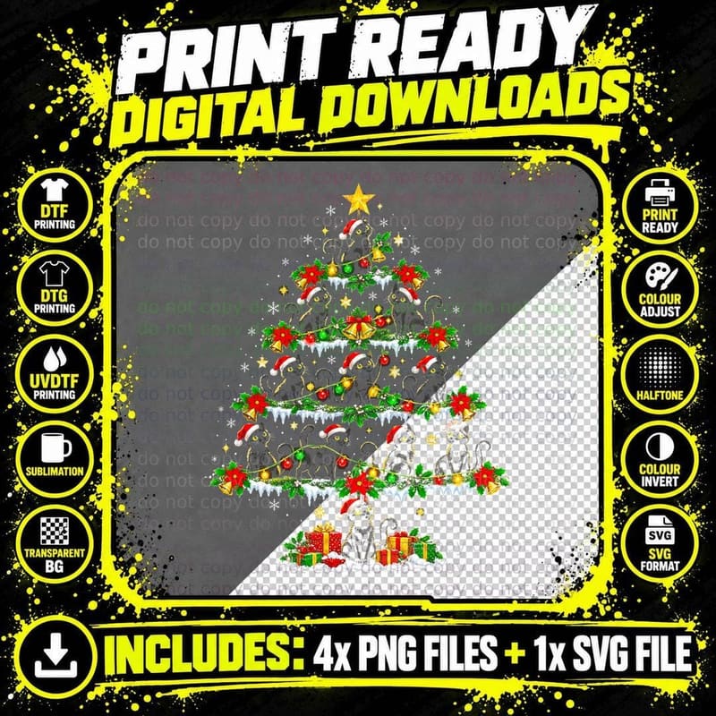 Midnight Mischief Black Cat Christmas Tree Funny Cat Png SVG Digital Bundle