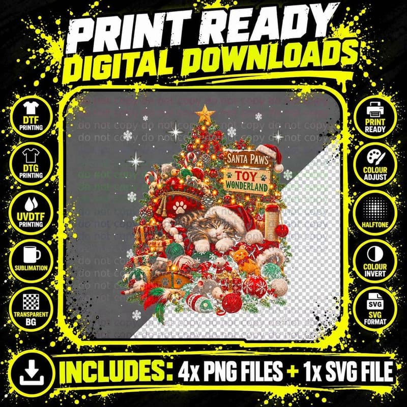 Santa Paws Toy Wonderland Sleeping Cat Christmas Cat Png SVG Digital Bundle