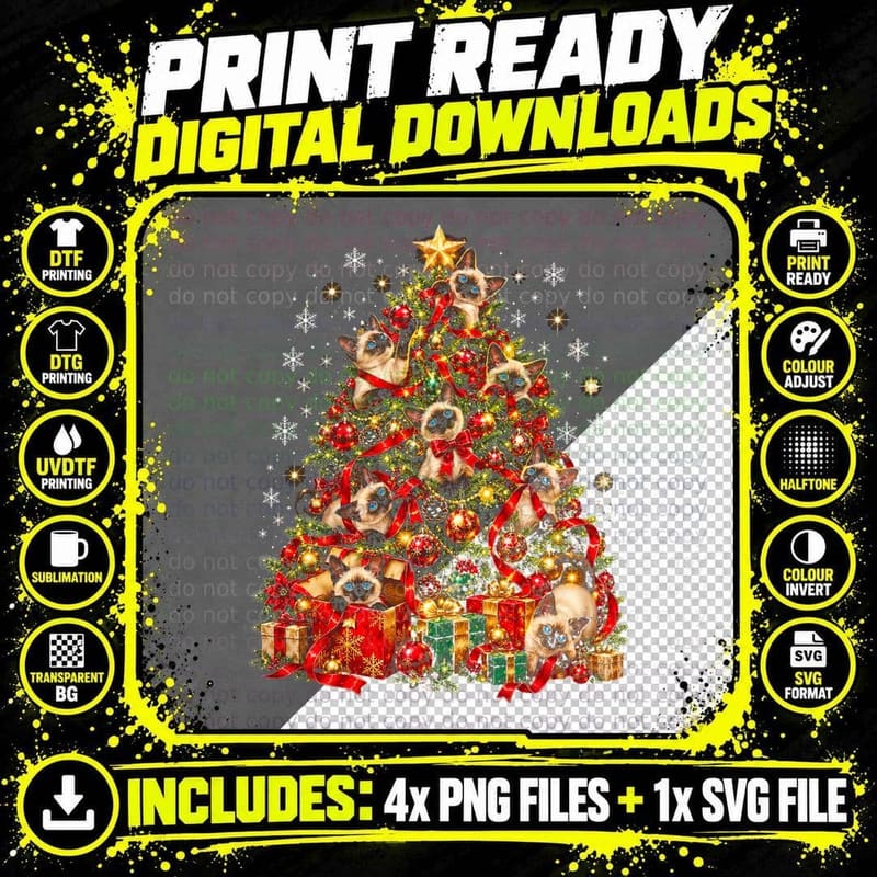 Siamese Ribbon Mischief Cat Christmas Tree Funny Cat Png SVG Digital Bundle