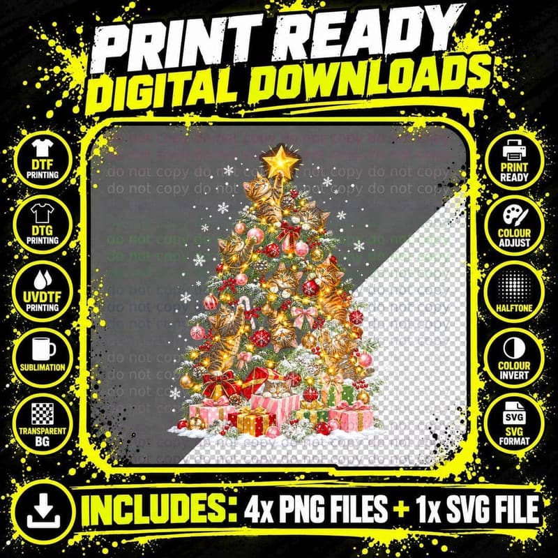 Tabby Tinsel Trouble Cat Christmas Tree Funny Cat Lover Png SVG Digital Bundle