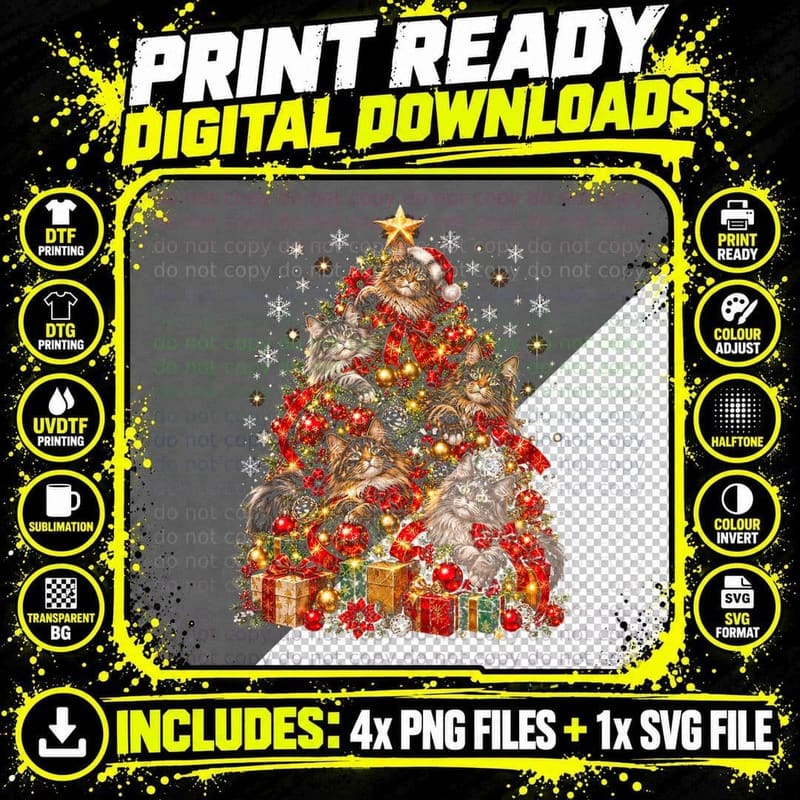 The Majestic Maine Coon Cat Christmas Tree Red Bows Cat Png SVG Digital Bundle