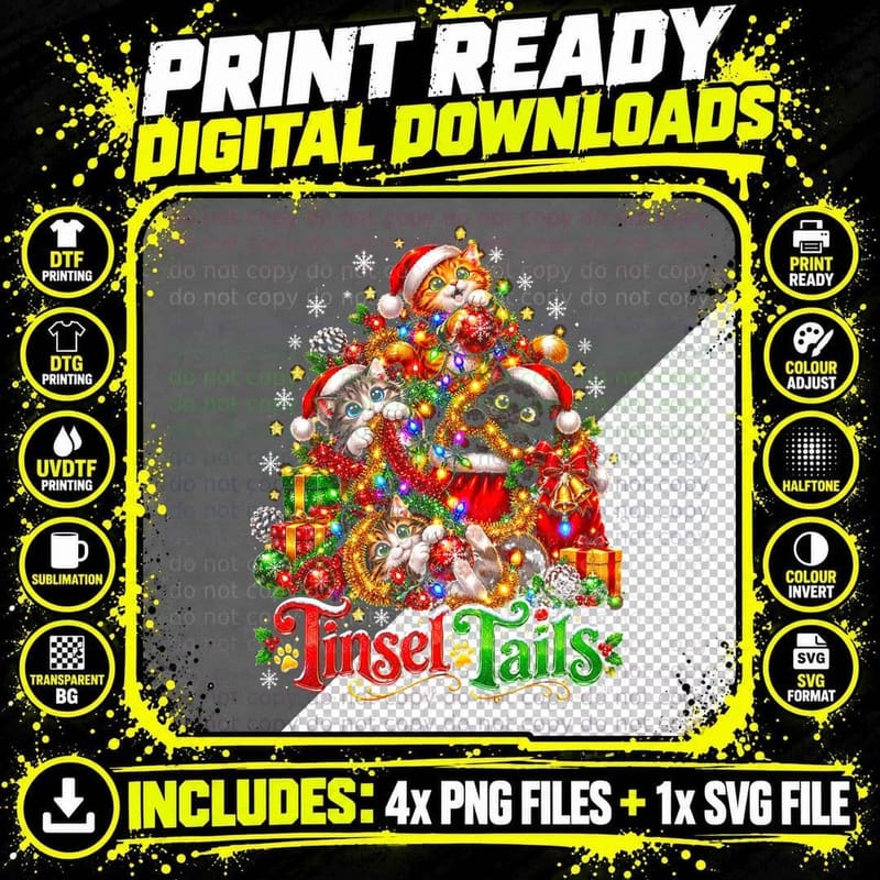 Tinsel Tails Orange Cat Christmas Tree Funny Cat Lover Png SVG Digital Bundle