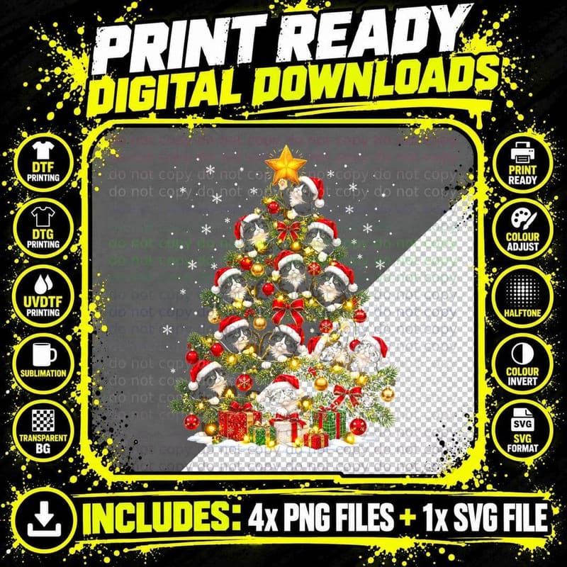 Tuxedo Twinkle Tree Tuxedo Cat Christmas Tree Cat Lover Png SVG Digital Bundle