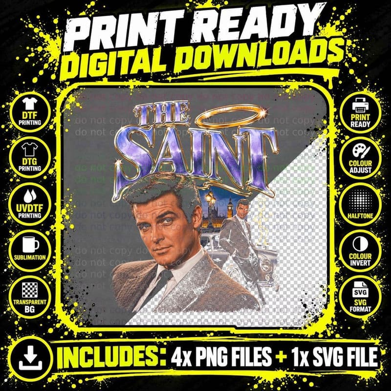 Roger Moore Simon Templar Vintage 60s British Spy TV Png SVG Digital Bundle