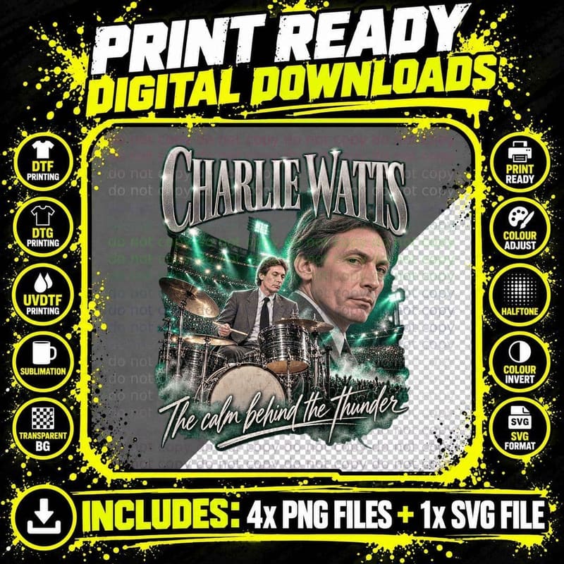 Charlie Watts Vintage Rolling Stones Drummer Jazz Rock Png SVG Digital Bundle