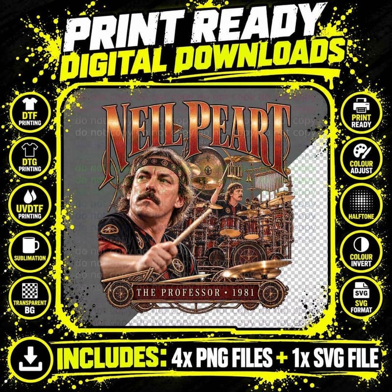 Neil Peart The Professor Rush Drummer Vintage 1981 Rock Png SVG Digital Bundle