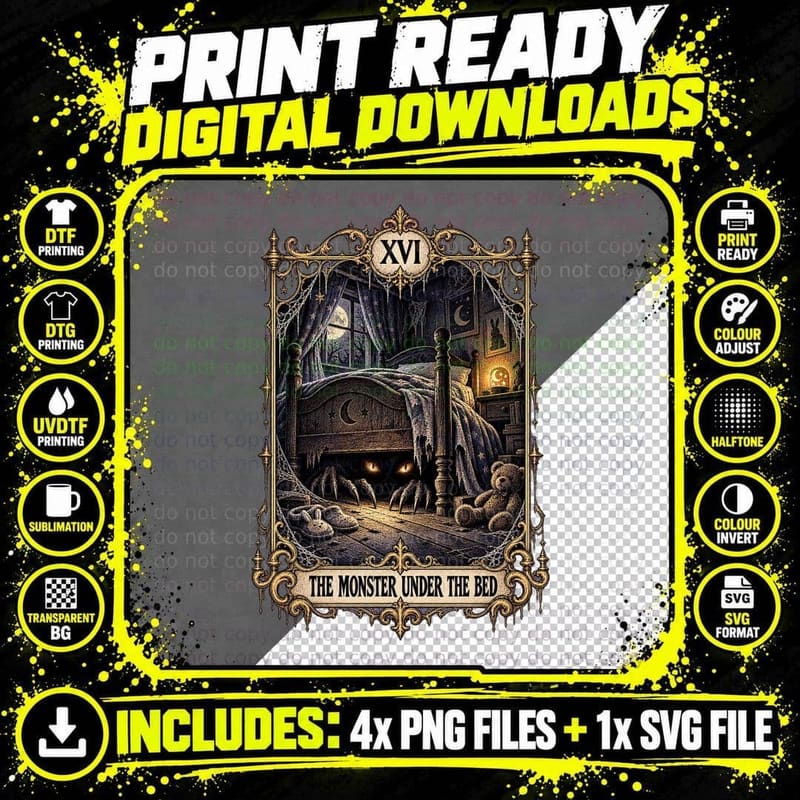 Monster Under The Bed Tarot Card Dark Gothic Childhood Png SVG Digital Bundle