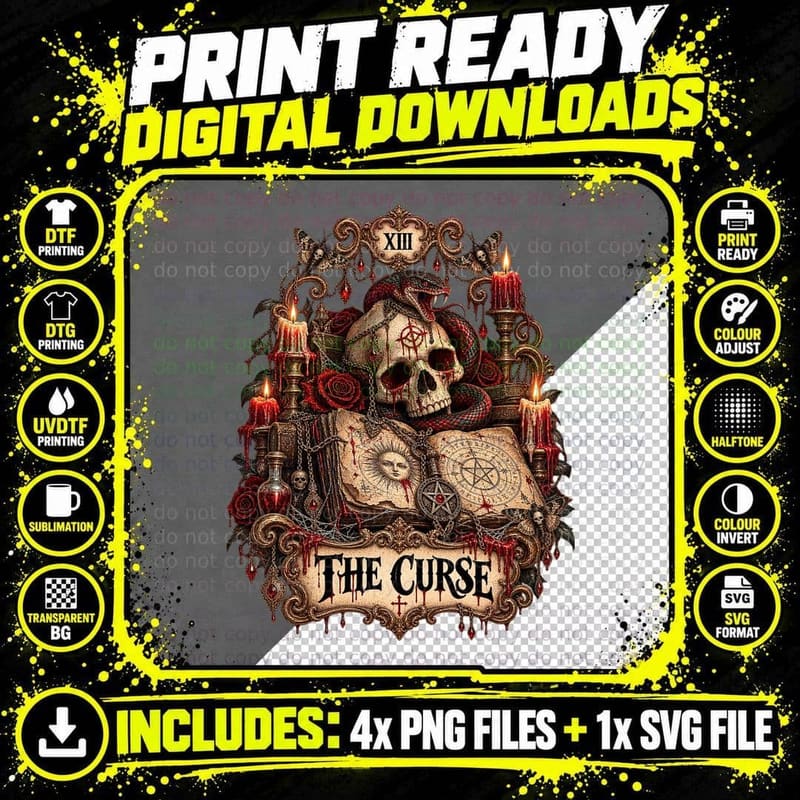 The Curse Skull Snake Tarot Card Vintage Gothic Occult Png SVG Digital Bundle