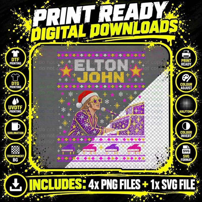 Elton John Piano Christmas Sweater Retro 70s Music Fan Png SVG Digital Bundle