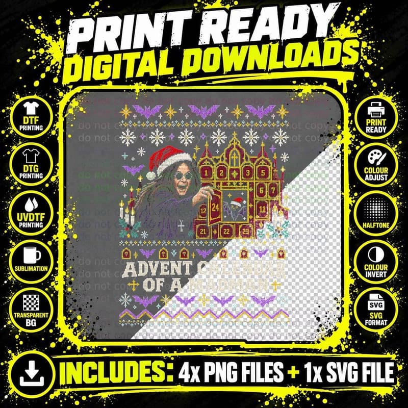 Ozzy Osbourne Advent Calendar Madman Christmas Sweater Png SVG Digital Bundle