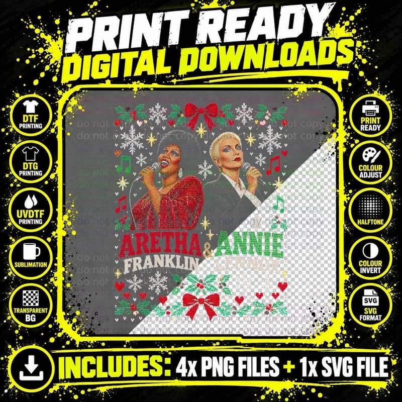 Aretha Franklin Annie Lennox Christmas Sweater Soul Pop Png SVG Digital Bundle