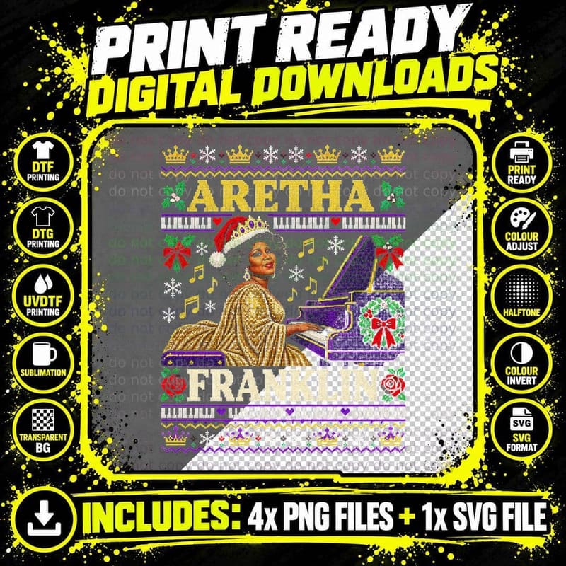 Aretha Franklin Ugly Sweater Christmas Soul Music Queen Png SVG Digital Bundle