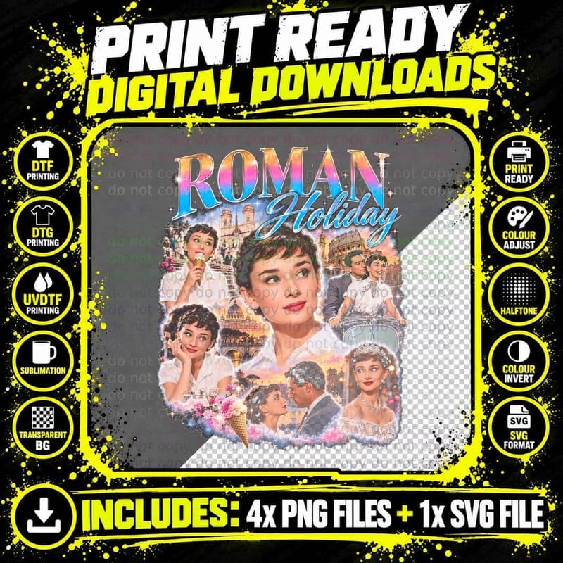 Audrey Hepburn Roman Holiday Retro Vintage Movie Bootleg Png SVG Digital Bundle