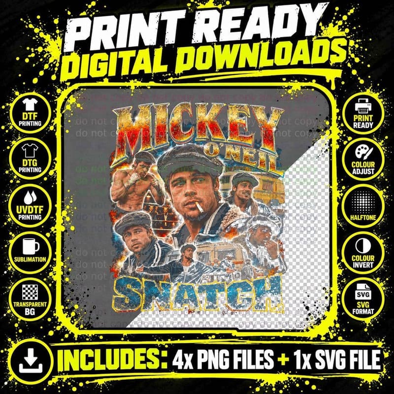 Brad Pitt Mickey ONeil Snatch Retro Crime Movie Bootleg Png SVG Digital Bundle