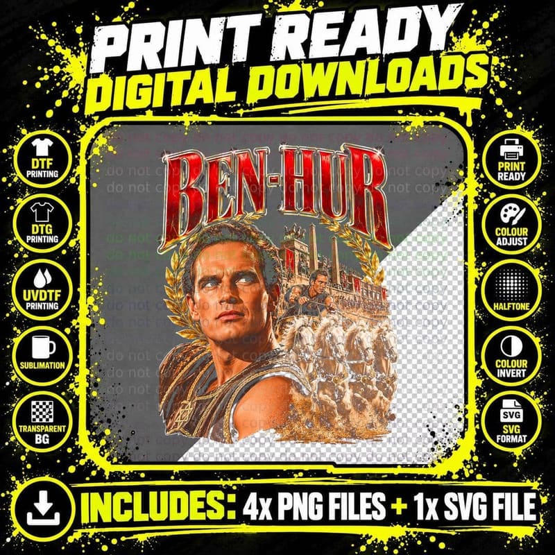 Charlton Heston Ben-Hur Chariot Race Retro Epic Movie Png SVG Digital Bundle