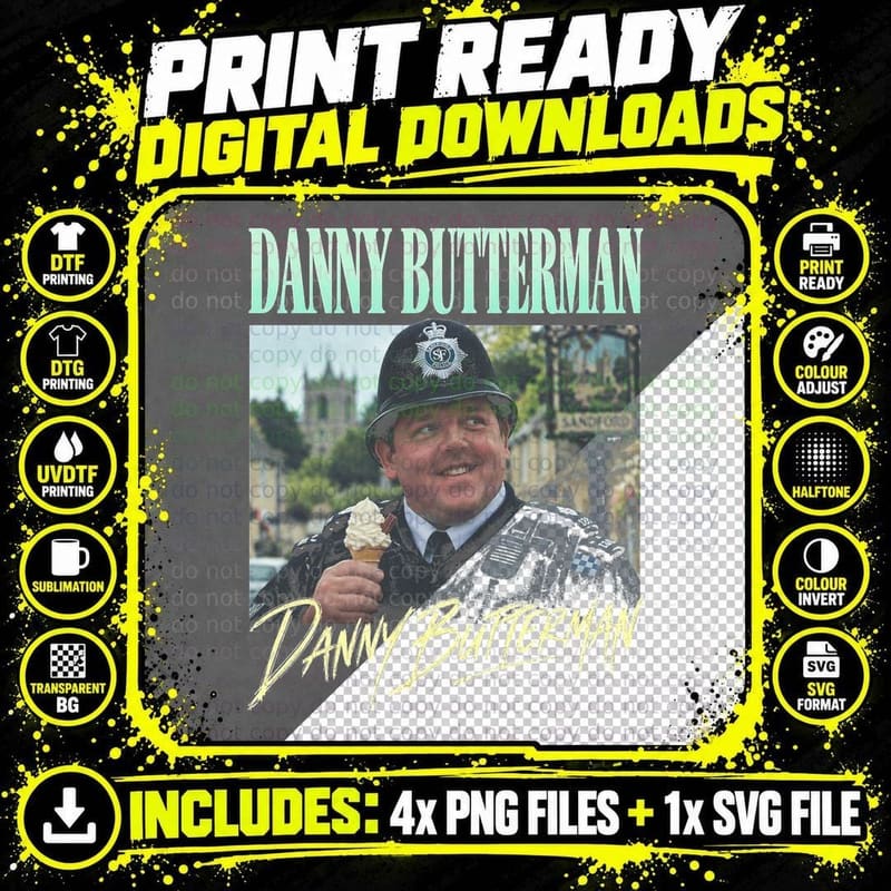 Danny Butterman Hot Fuzz Retro British Comedy Movie Png SVG Digital Bundle