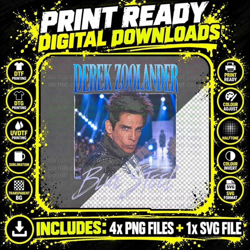 Derek Zoolander Blue Steel Ben Stiller Funny Retro Movie Png SVG Digital Bundle