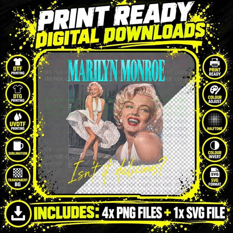 Marilyn Monroe Isnt It Delicious White Dress Retro Png SVG Digital Bundle