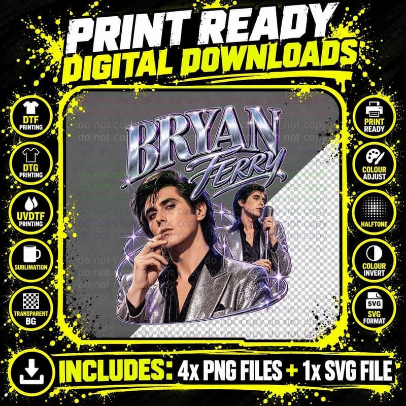 Bryan Ferry Roxy Music Vintage 1973 Glam Rock Chrome Png SVG Digital Bundle