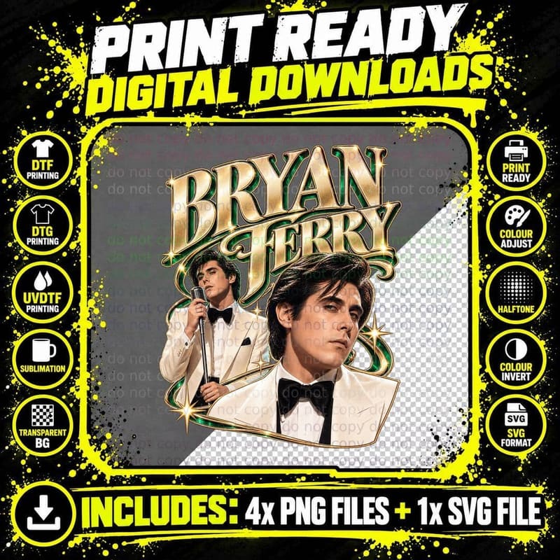 Bryan Ferry Roxy Music Vintage 1975 Glam Rock Gold Png SVG Digital Bundle