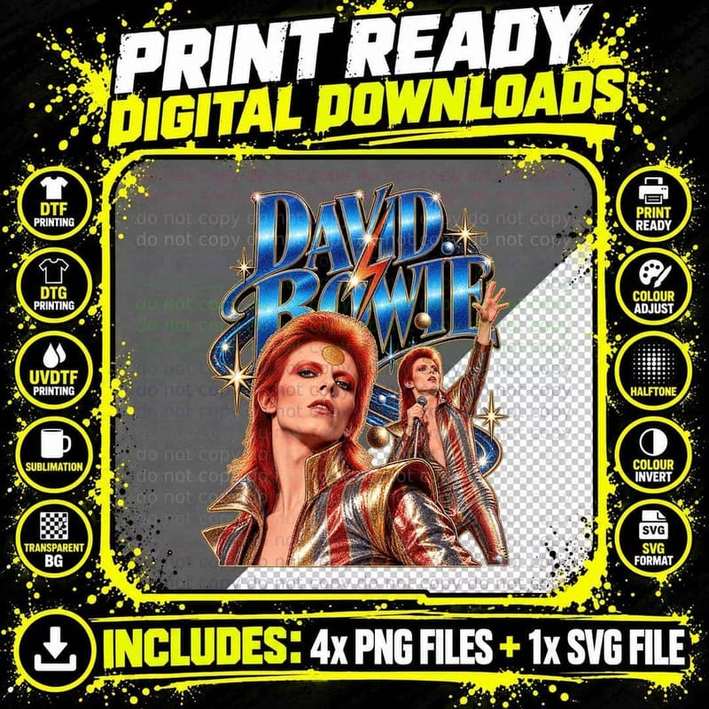 David Bowie Ziggy Stardust Retro Glam Rock Chrome Png SVG Digital Bundle