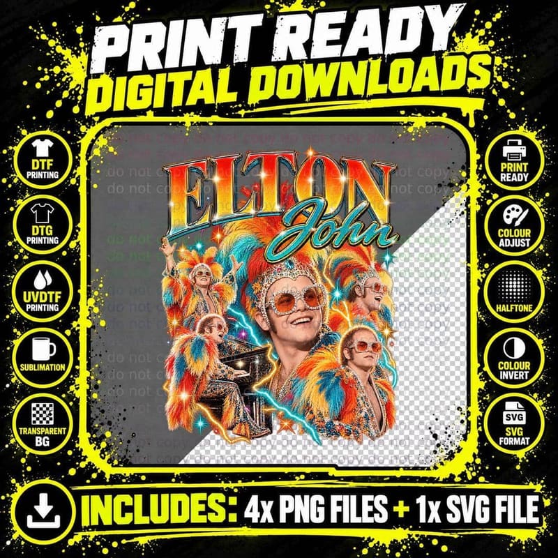 Elton John Feathers Glam Costume Retro 70s Bootleg Gift Png SVG Digital Bundle