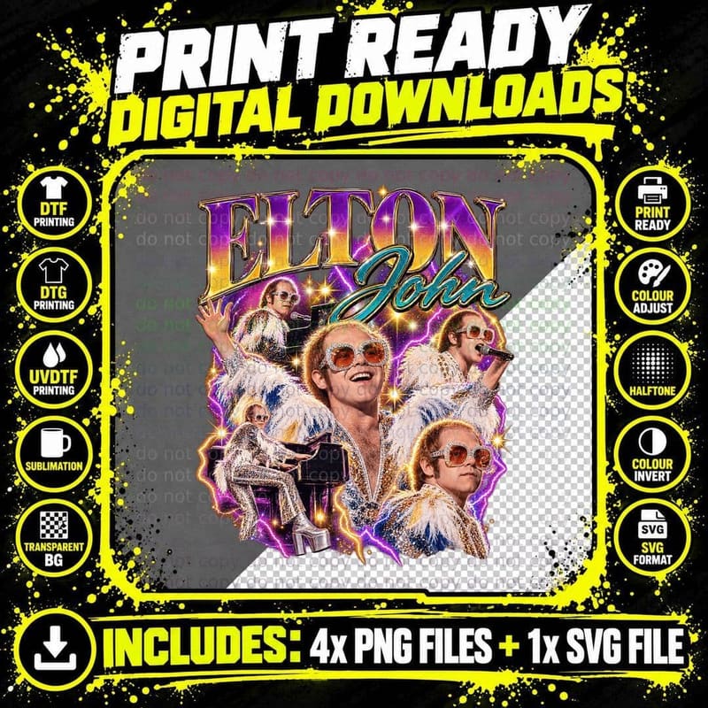 Elton John Rocket Man Retro 70s Glam Piano Bootleg Fan Png SVG Digital Bundle