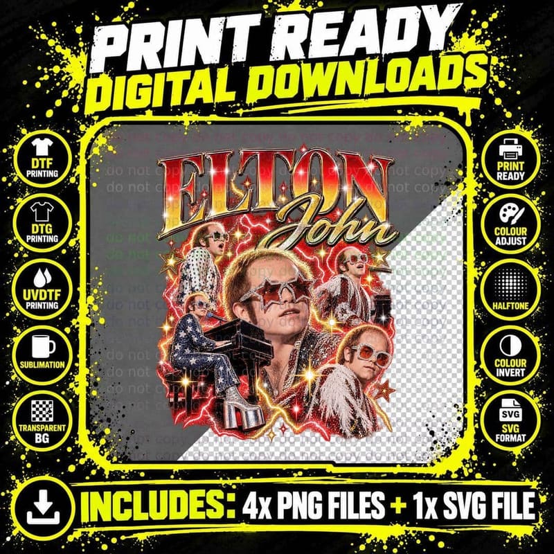 Elton John Vintage 70s Piano Stars Stripes Glam Rock Png SVG Digital Bundle
